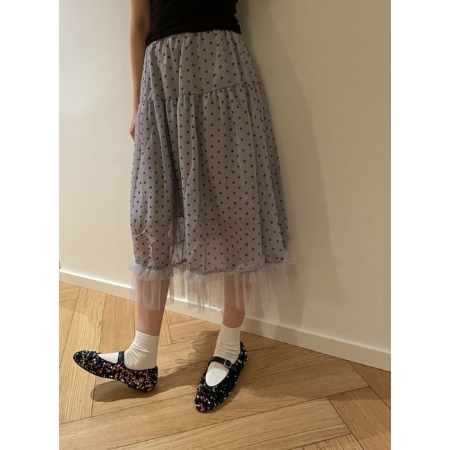 Elastic Waist Polka Dot Ruffle Panel Mesh Midi A-Line Skirt