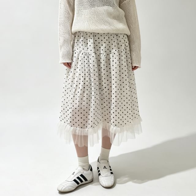 Elastic Waist Polka Dot Ruffle Panel Mesh Midi A-Line Skirt