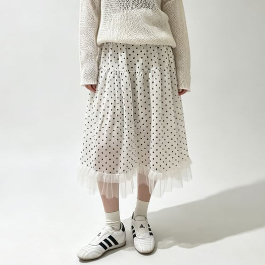 Elastic Waist Polka Dot Ruffle Panel Mesh Midi A-Line Skirt