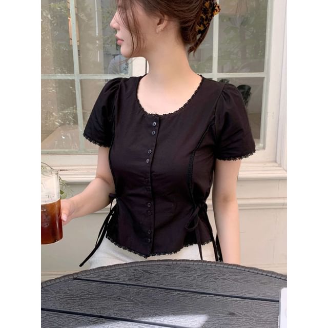 Short Sleeve Round Neck Plain Tie-Up Lace Trim Blouse