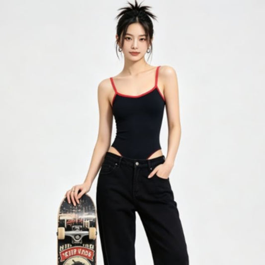 V-Neck Contrast Trim Bodysuit with Spaghetti Straps