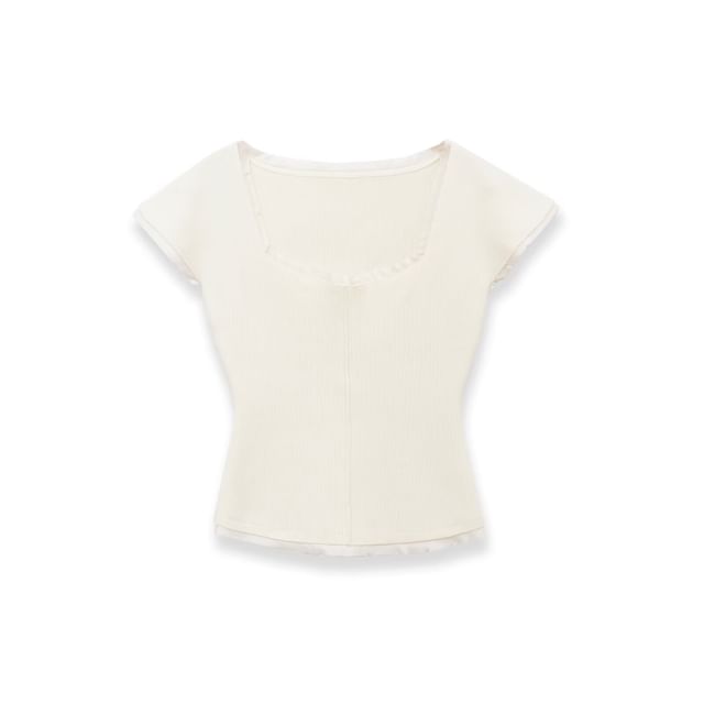Short Sleeve Square Neck Distressed Trim Knit Top