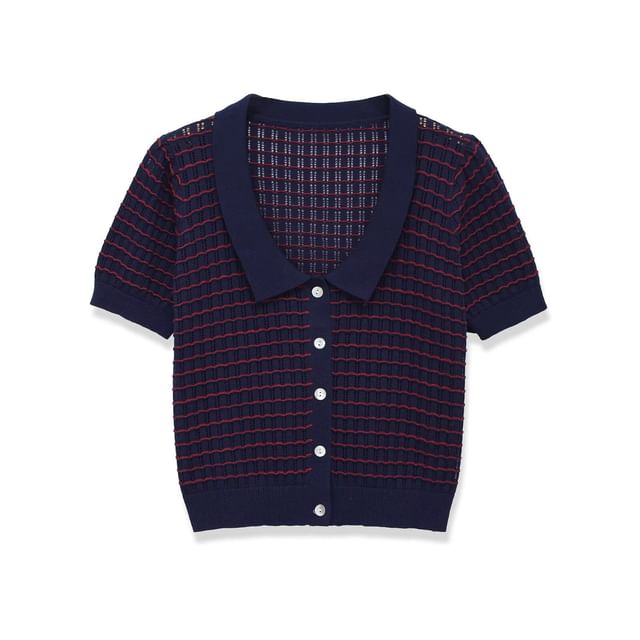 Striped Button-Up V-Neck Knit Top with Short Sleeves