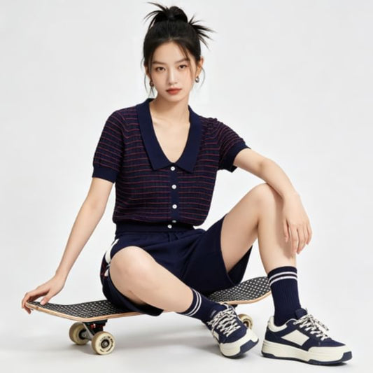 Striped Button-Up V-Neck Knit Top with Short Sleeves