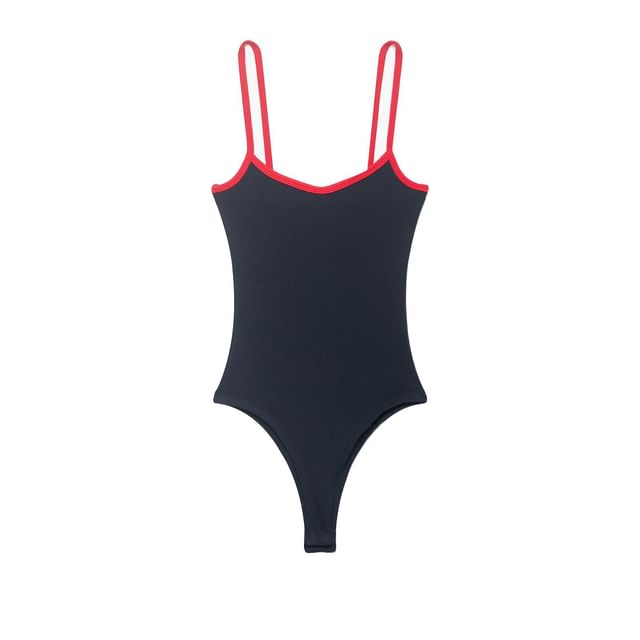 V-Neck Contrast Trim Bodysuit with Spaghetti Straps