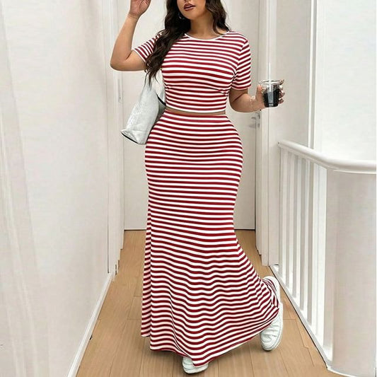 Set: Striped Crop Tee and High Waist Maxi Mermaid Skirt