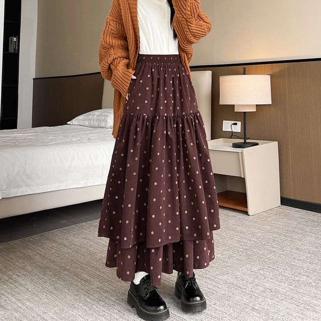 High Waist Polka Dot Maxi A-Line Tiered Skirt