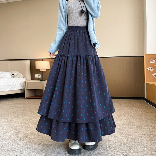 High Waist Polka Dot Maxi A-Line Tiered Skirt