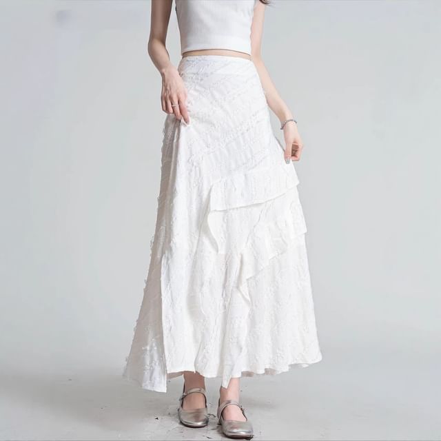 High Waist Asymmetrical Plain Maxi A-Line Skirt