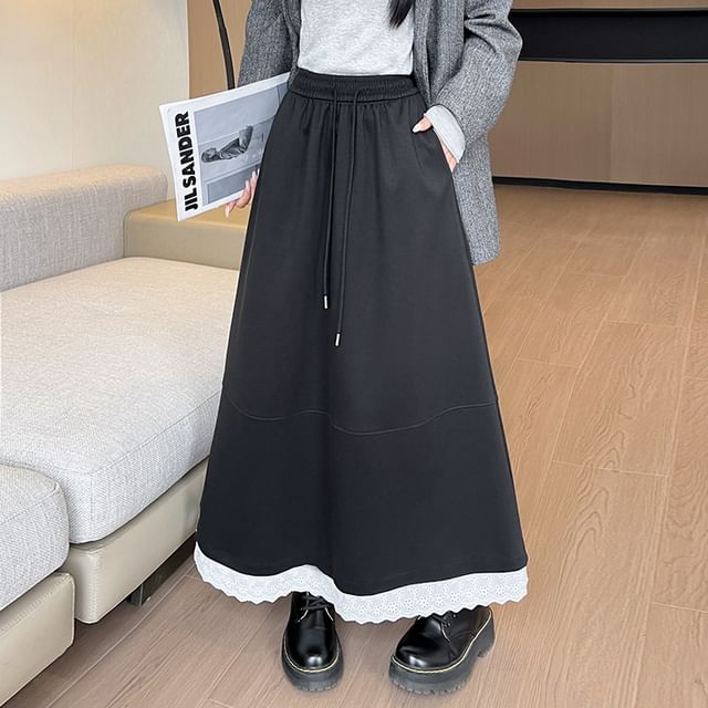 Drawstring Waist Lace Trim Maxi A-Line Skirt