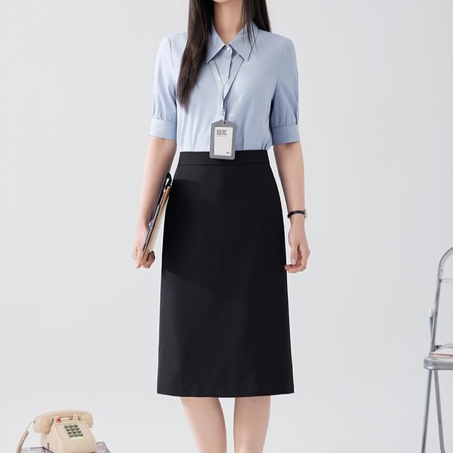 Short-Sleeve Plain Shirt / High Waist Midi A-Line Skirt / Set