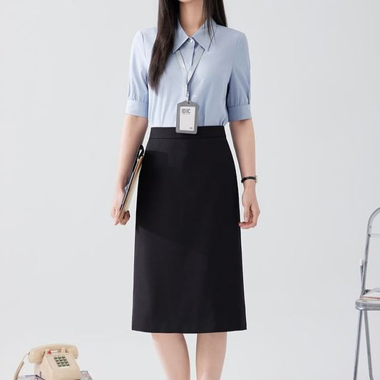 Short-Sleeve Plain Shirt / High Waist Midi A-Line Skirt / Set