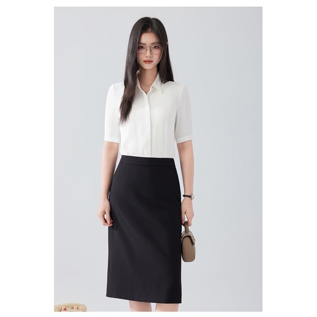 Short-Sleeve Plain Shirt / High Waist Midi Pencil Skirt / Set