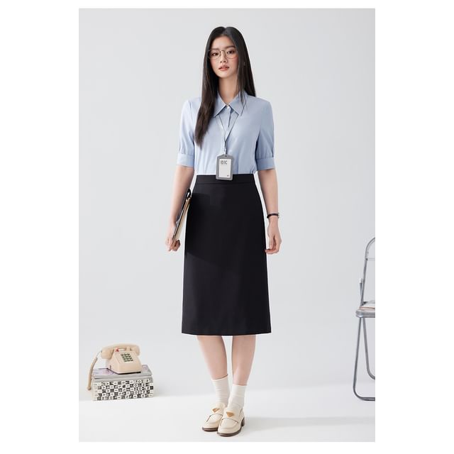 Short-Sleeve Plain Shirt / High Waist Midi A-Line Skirt / Set