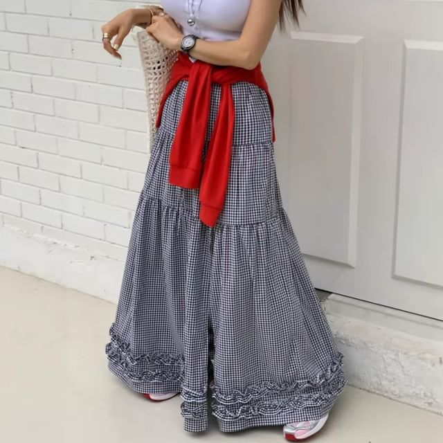 Drawstring Waist Plain Frill Trim Slit Maxi A-Line Skirt