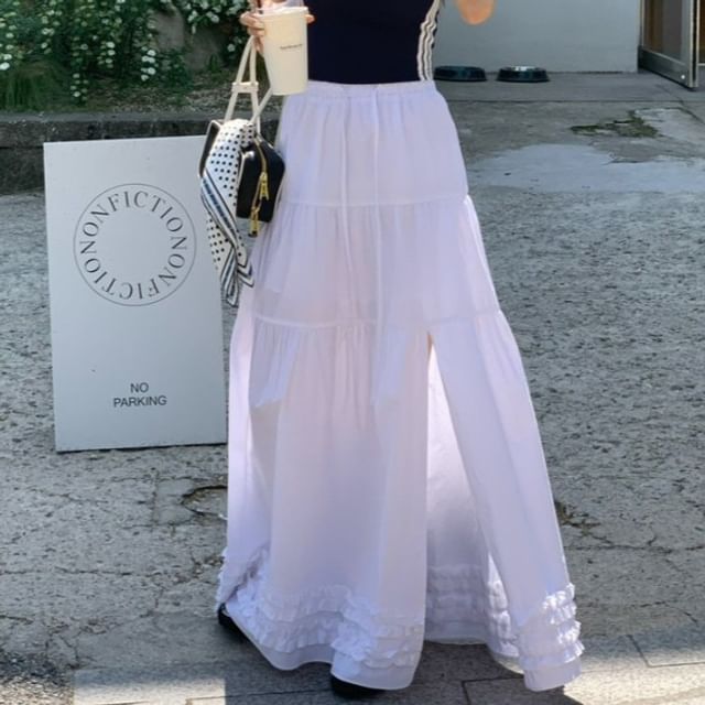 Drawstring Waist Plain Frill Trim Slit Maxi A-Line Skirt