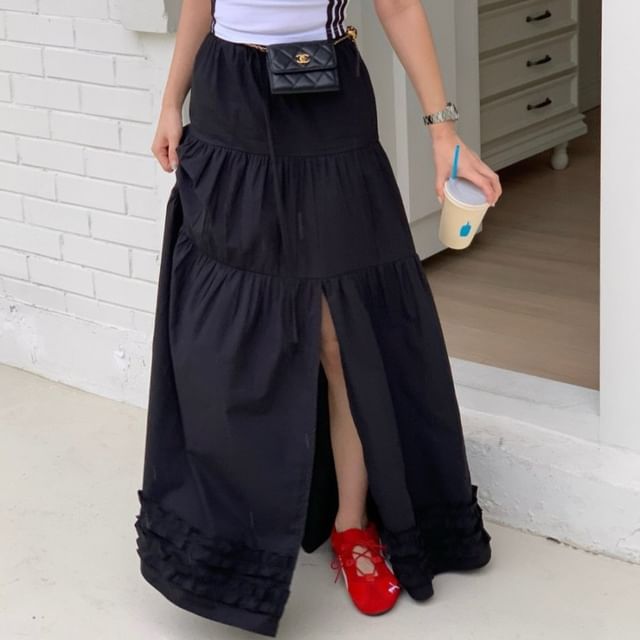 Drawstring Waist Plain Frill Trim Slit Maxi A-Line Skirt