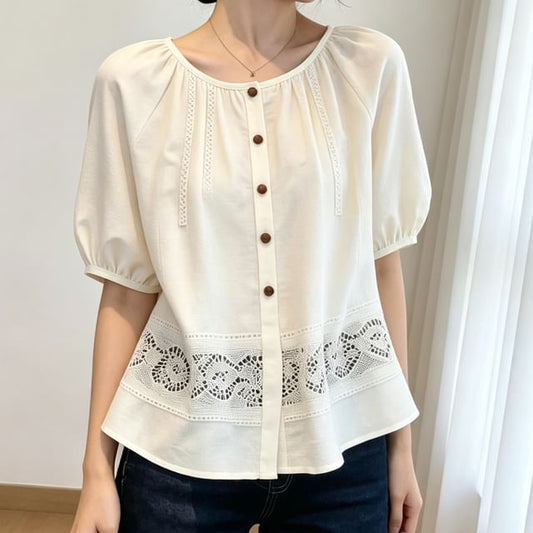 Short-Sleeve Crew Neck Lace Panel Button-Up Blouse