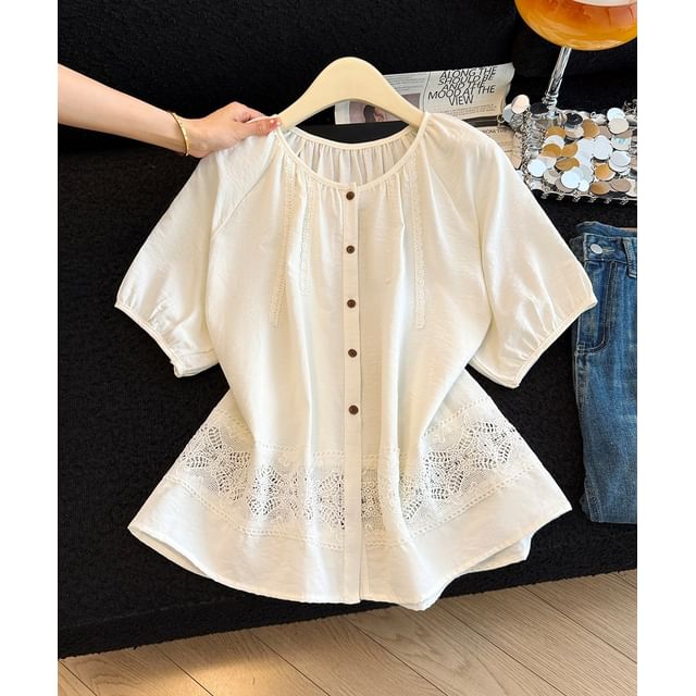 Short-Sleeve Crew Neck Lace Panel Button-Up Blouse