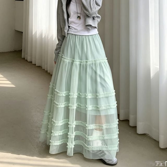 High Waist Plain Frill Trim Mesh Maxi A-Line Skirt
