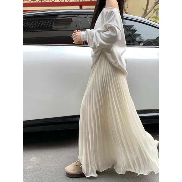 High Waist Plain Accordion Pleated Maxi A-Line Skirt