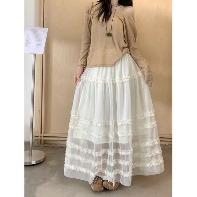 High Waist Plain Frill Trim Mesh Maxi A-Line Skirt