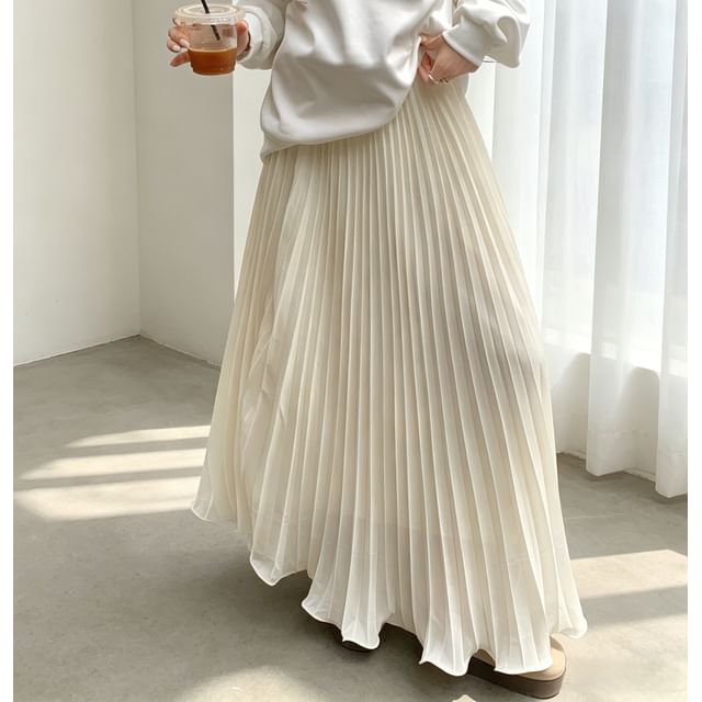 High Waist Plain Accordion Pleated Maxi A-Line Skirt