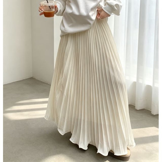 High Waist Plain Accordion Pleated Maxi A-Line Skirt