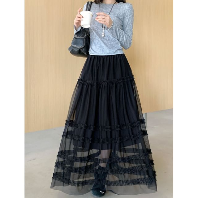 High Waist Plain Frill Trim Mesh Maxi A-Line Skirt