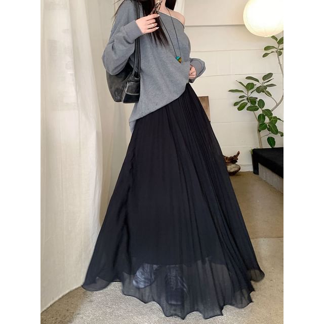 High Waist Plain Accordion Pleated Maxi A-Line Skirt