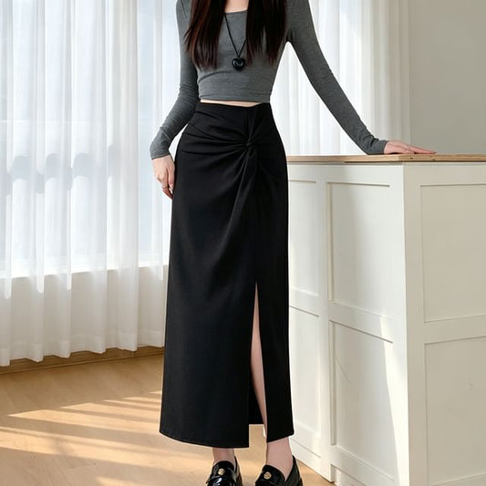 High Waist Plain Ruched Slit Midi Straight Skirt