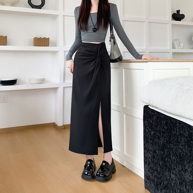 High Waist Plain Ruched Slit Midi Straight Skirt