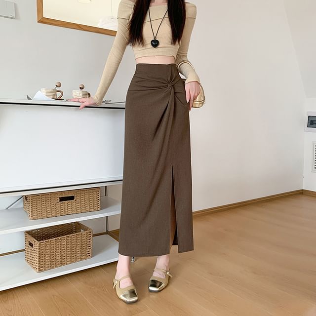 High Waist Plain Ruched Slit Midi Straight Skirt
