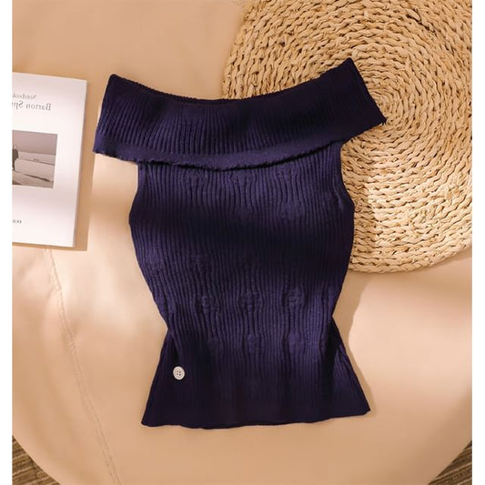 Slim Knit Crop Top with Ribbed Texture and Off-Shoulder Style