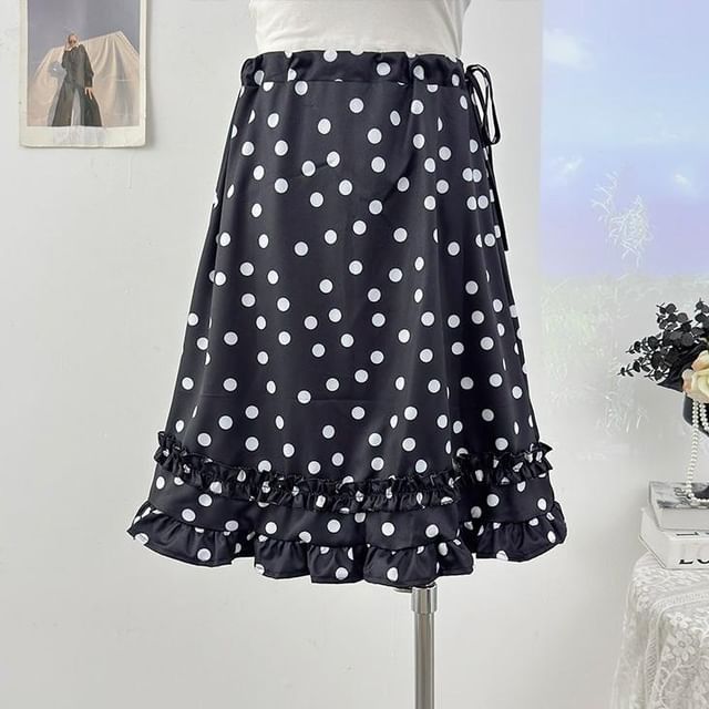 Drawstring Waist Polka Dot Ruffle Midi A-Line Skirt