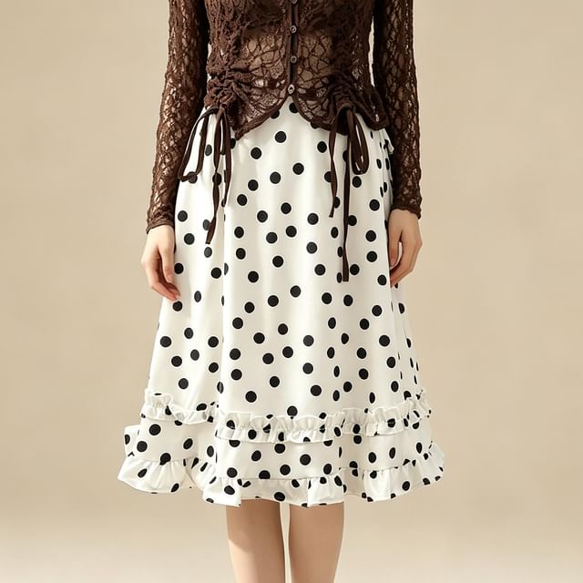 Drawstring Waist Polka Dot Ruffle Midi A-Line Skirt