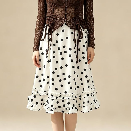 Drawstring Waist Polka Dot Ruffle Midi A-Line Skirt