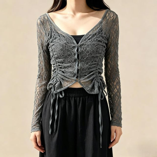 Long Sleeve V-Neck Plain Drawstring Button Lace Top