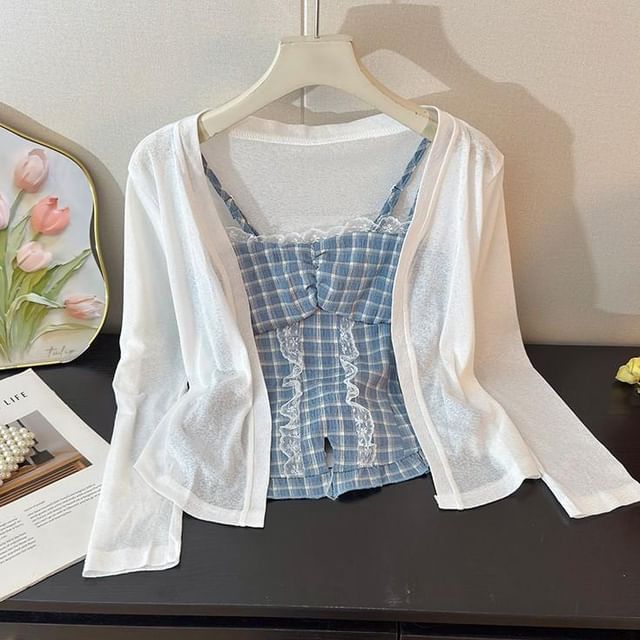 Set: Plaid Slit Lace Trim Camisole Top + Plain Open Front Cardigan