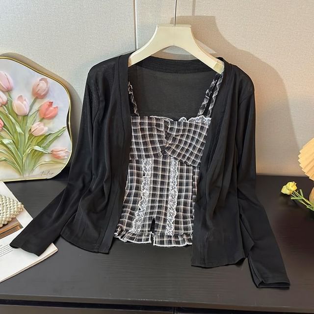 Set: Plaid Slit Lace Trim Camisole Top + Plain Open Front Cardigan