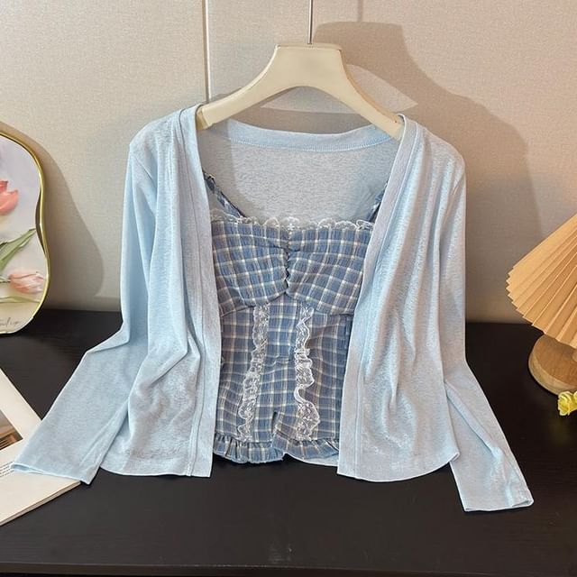 Set: Plaid Slit Lace Trim Camisole Top + Plain Open Front Cardigan