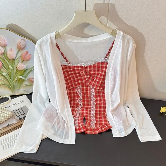 Set: Plaid Slit Lace Trim Camisole Top + Plain Open Front Cardigan