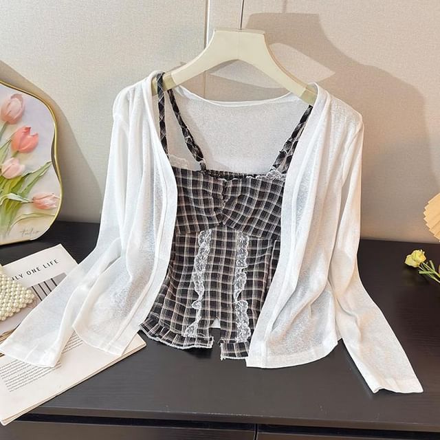 Set: Plaid Slit Lace Trim Camisole Top + Plain Open Front Cardigan
