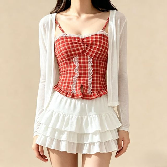 Set: Plaid Slit Lace Trim Camisole Top + Plain Open Front Cardigan
