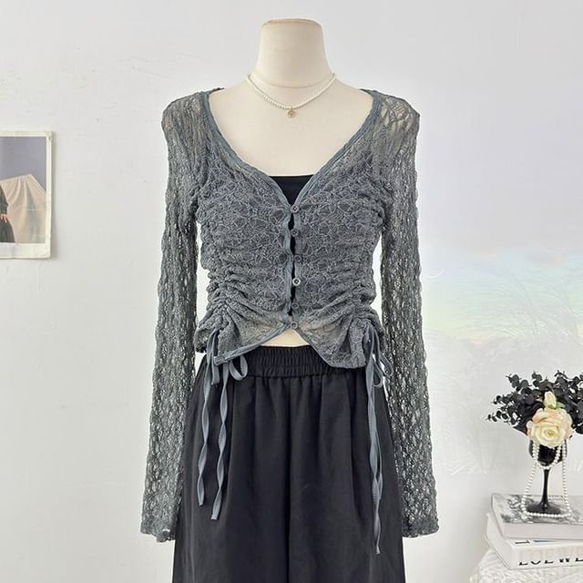 Long Sleeve V-Neck Plain Drawstring Button Lace Top