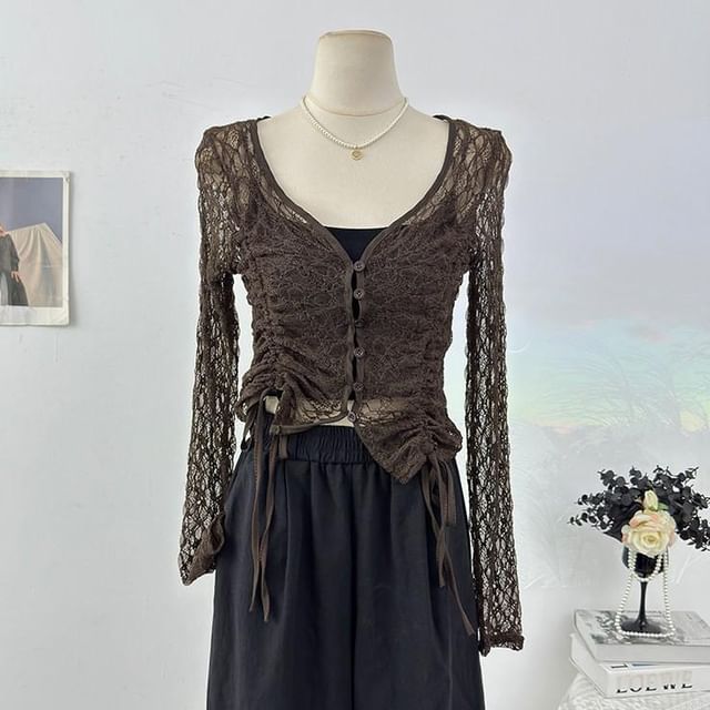 Long Sleeve V-Neck Plain Drawstring Button Lace Top