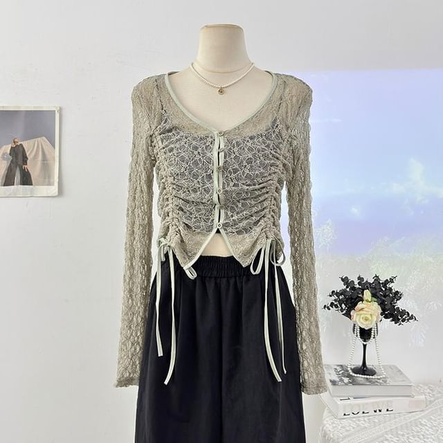 Long Sleeve V-Neck Plain Drawstring Button Lace Top