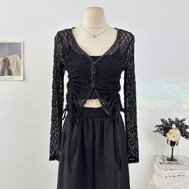 Long Sleeve V-Neck Plain Drawstring Button Lace Top