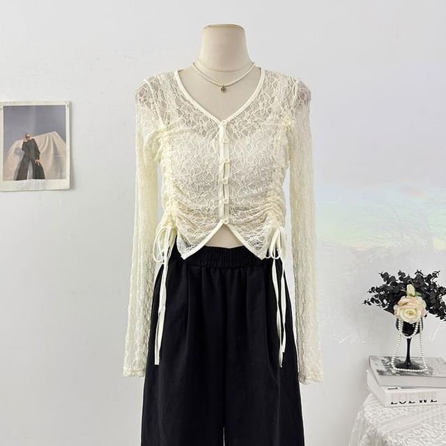 Long Sleeve V-Neck Plain Drawstring Button Lace Top