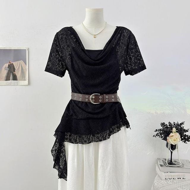 Short Sleeve Cowl Neck Plain Asymmetrical Mock Two Piece Lace Top